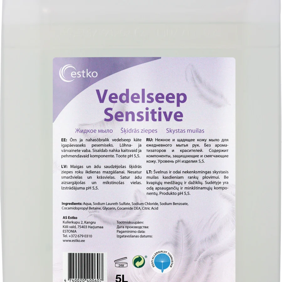 Värvitu ja lõhnatu vedelseep Sensitive 5L