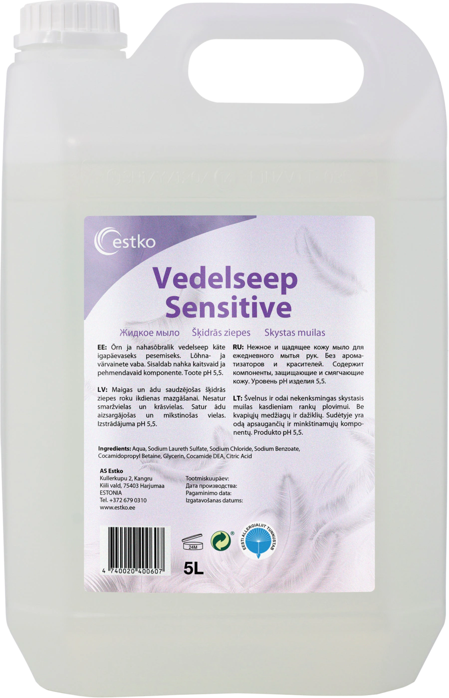 Värvitu ja lõhnatu vedelseep Sensitive 5L